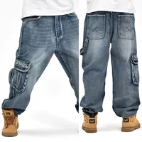 Новинка 2018 года, модные мужские джинсы в стиле хип-хоп, свободные, с большим карманом, для мальчиков, для скейтборда, в стиле панк, с потертостями, большие размеры 30-44, 46