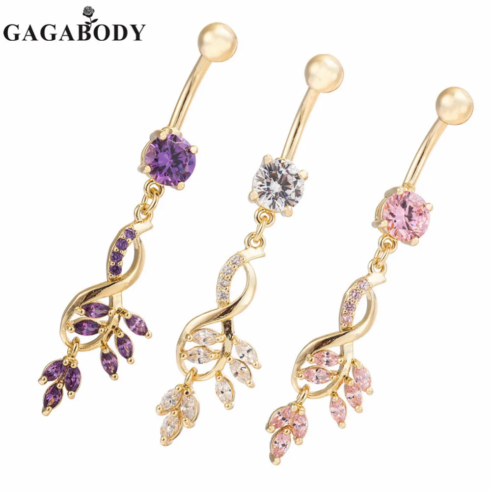 Rhinestone Leaf Shape Navel Ring Body Jewelry Piercing 1PC Gold color
