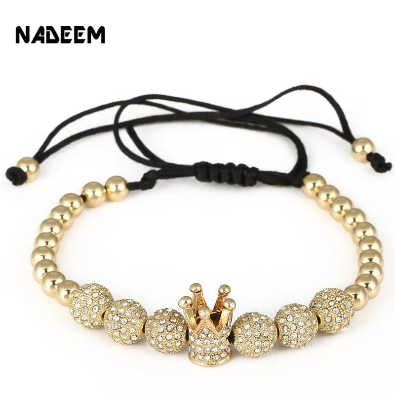NADEEM Fashion Zircon Men's Bracelets Jewelry Cubic Micro Pave CZ Crown & 8mm Copper Ball Charm Bead Braided Macrame Bracelet