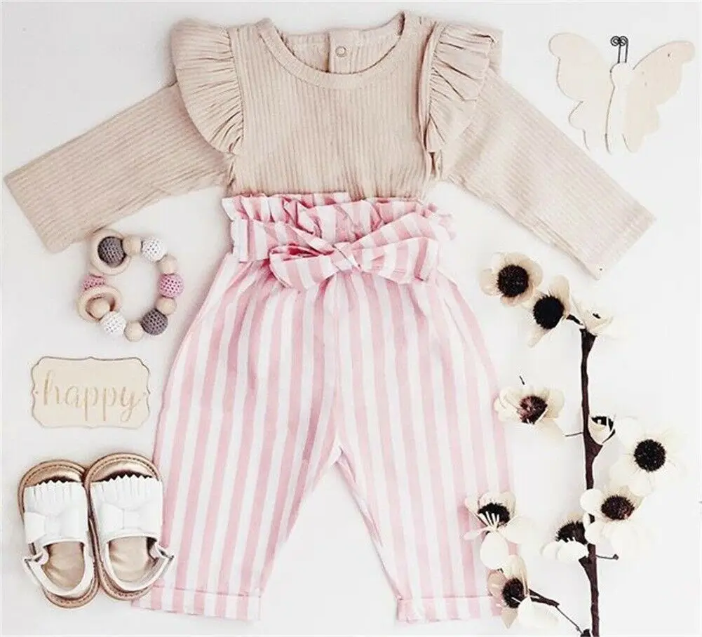 Cute Newborn Infant Baby Girl Sweet Outfit Clothes Ruffle Long Sleeve Romper Bow Tie Striped Pants Trousers Clothes Set - Цвет: Бежевый