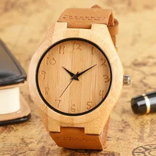 Модные Простые бамбуковые наручные часы из натурального дерева, женские часы ручной работы, часы с кожаным ремешком, аналоговые кварцевые деревянные часы