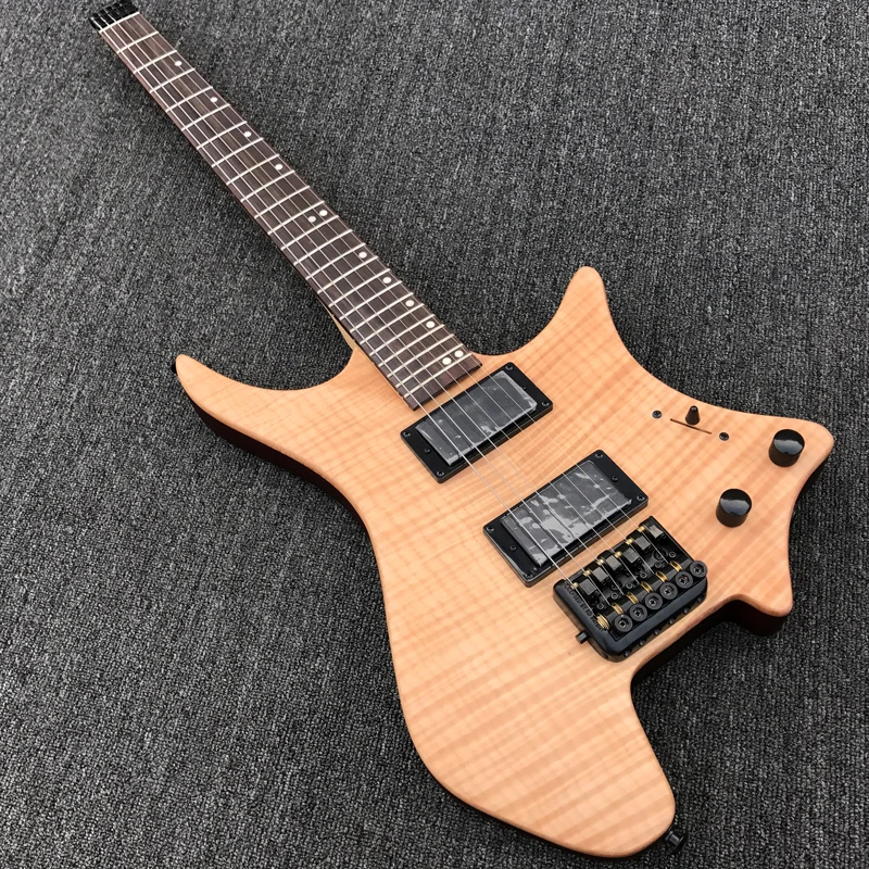 

Grote New Style Headless Electric Guitar in Satin finish Natural color, Flame maple, Black Hardware, Real photo showing