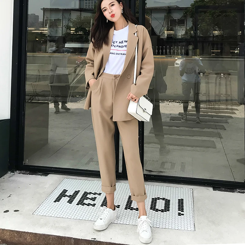 Casual Solid Women Pant Suits Notched Collar Blazer Jacket & Pencil Pant Khaki Female Suit Autumn 2019 high quality