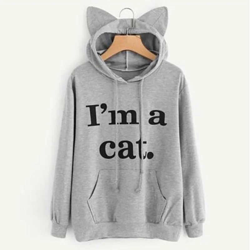 المتناثرة طويلة الأكمام هوديس للنساء إلكتروني طباعة القط آذان المعتاد الأسود الوردي الفتيات هودي الكورية نمط الإناث البلوز 2019