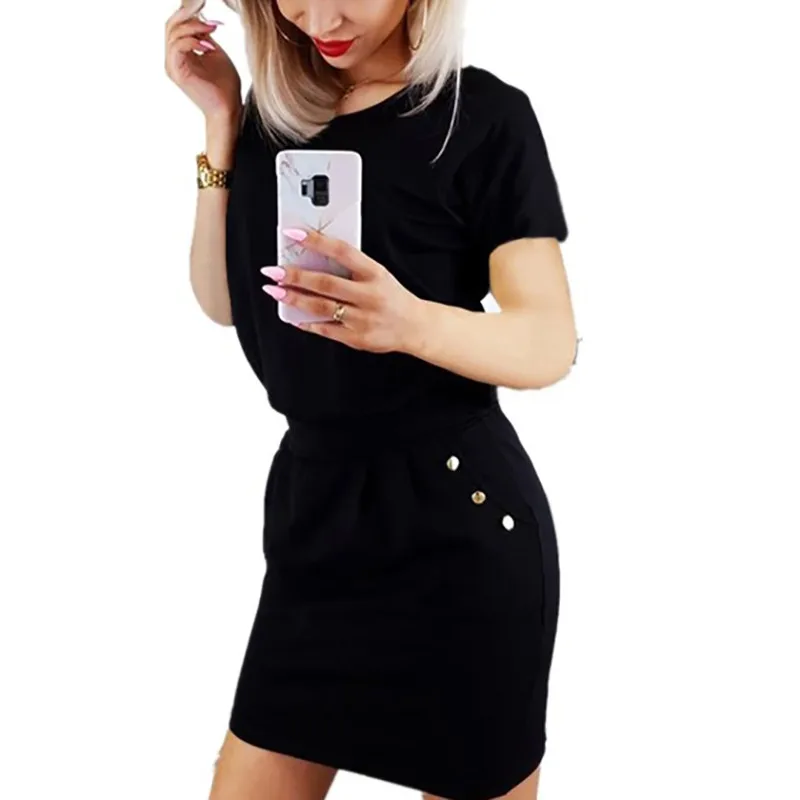 

DORVIVON women tunic dress summer button pockets dresses short sleeve bodycon party girl dress solid elegant ladies vestidos