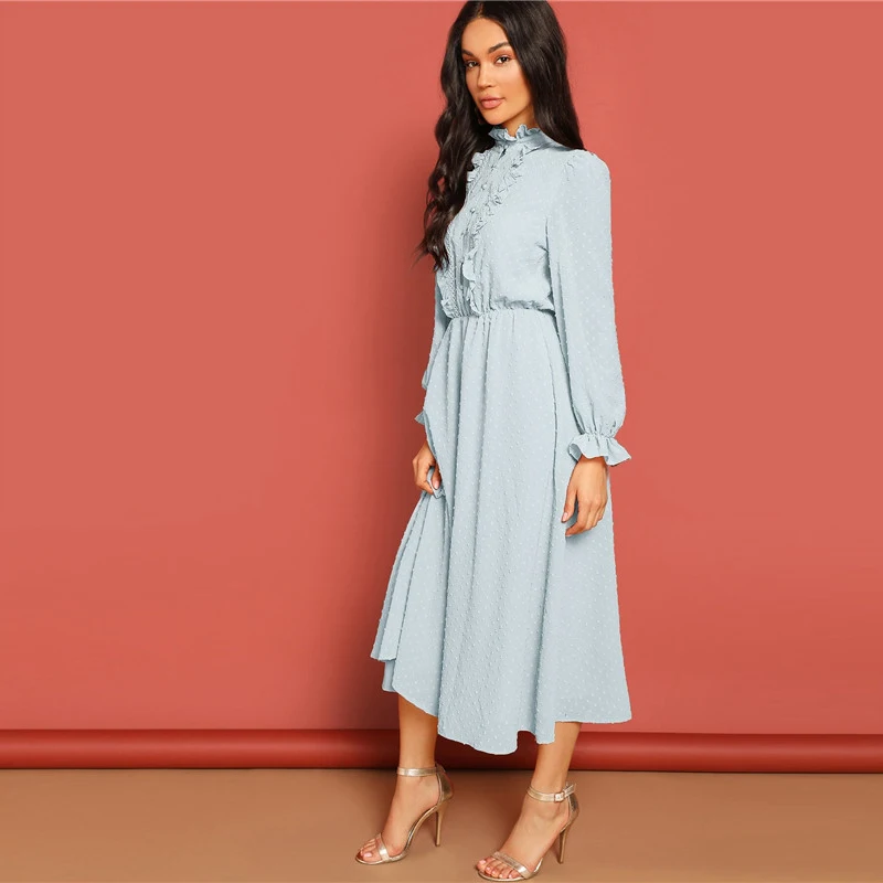 SHEIN Frill and Lace Trim Half Placket Dot Jacquard Long Dress Stand Collar Midi Dress Women Long Sleeve A Line Elegant Dress