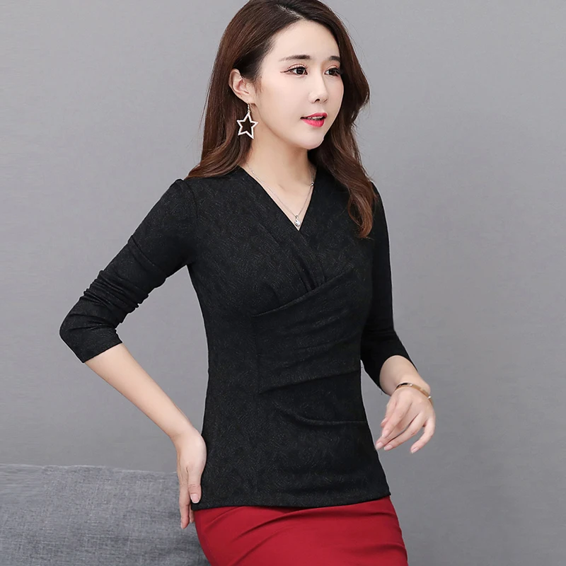  Dingaozlz M-3XL New fashion V neck Women clothing Autumn New jacquard shirt Plus size Lady blouse P