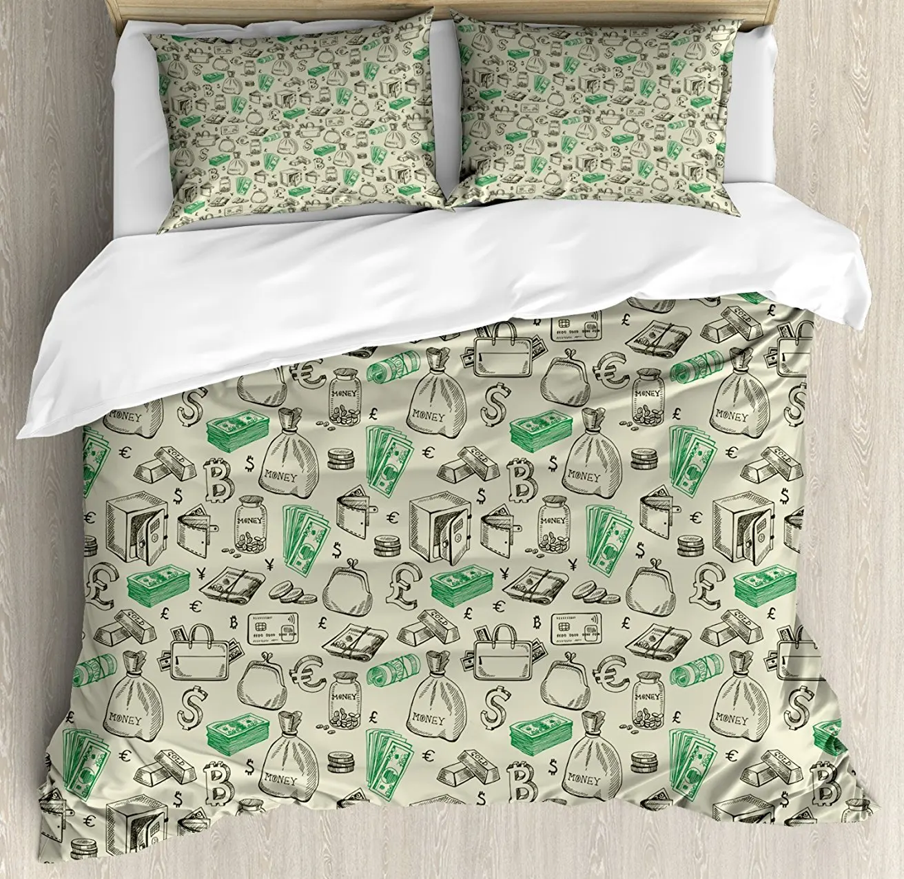 

Money Duvet Cover Set Symbols of Monetary Systems Dollar Crypto Currency Bitcoin Sign Sketch Decorative 4 Piece Bedding Set
