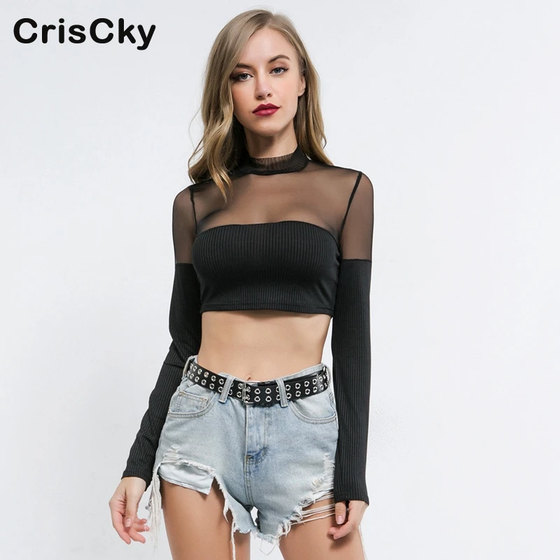 

CRISCKY 2019 Summer Women Short T-Shirt Woman O-Neck Long Sleeve Hollow Out Sexy Club T-Shirts Ladies Mesh Crop Tees Tops