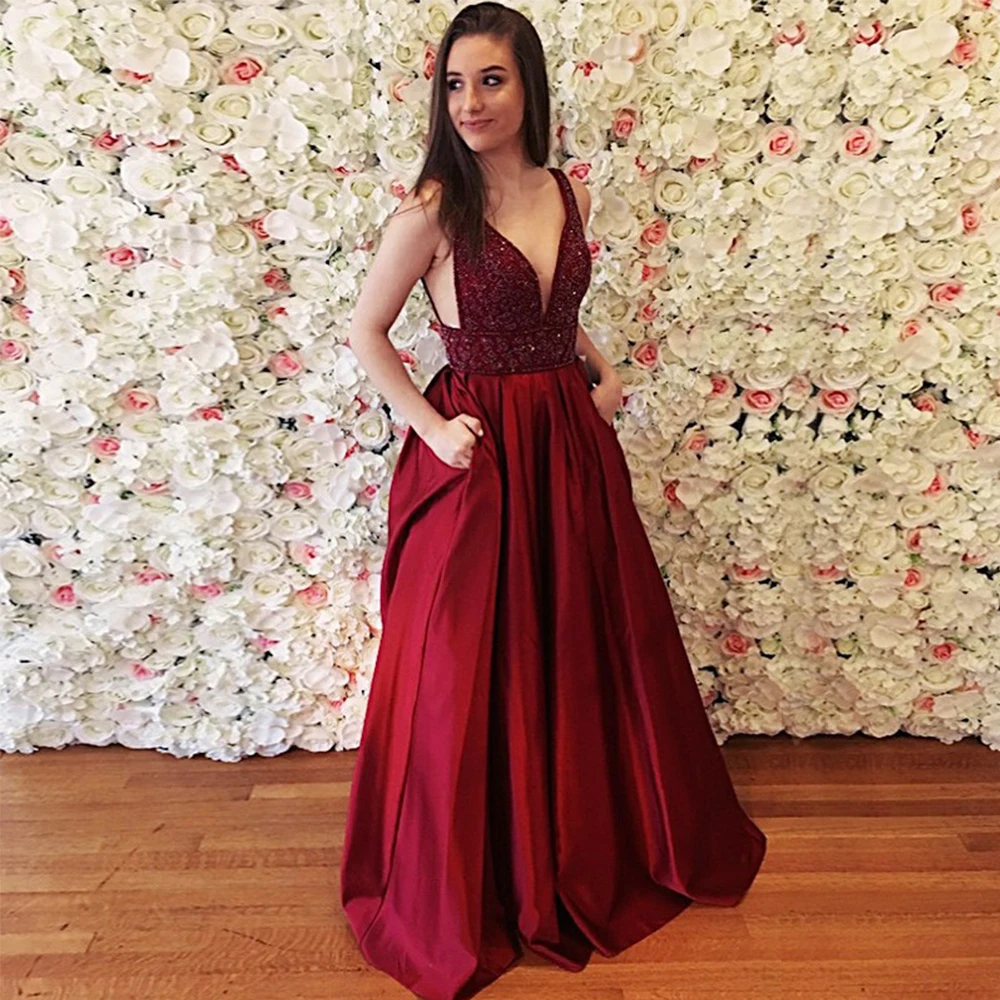 

Bbonlinedress New Designed Prom Dresses 2020 Elegant Beading Evening Dress Sexy V-Neck Evening Gowns Burgundy Satin Party Dress