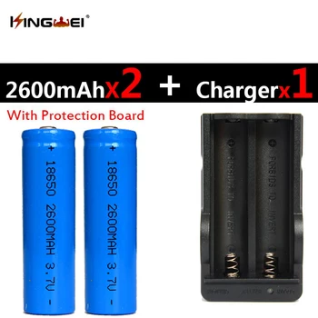 

KingWei2Pcs Protected 18650 3.7v 2600mAh rechargeable Li-ion battery +one smart charger for flashlight headlight charger EU/US
