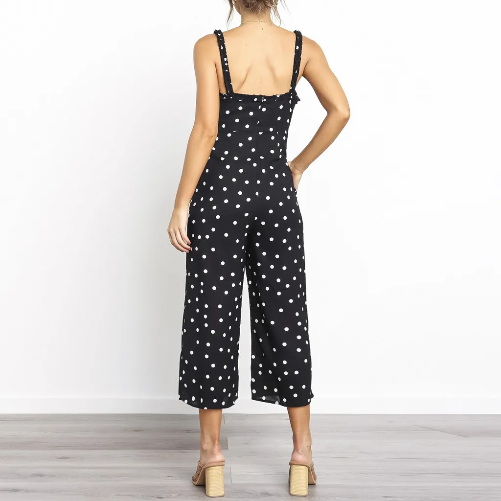 

Feitong Womens Jumpsuit Solid Sexy V-Neck Polka Dot Print Long Playsuit Wide Leg Trouser Jumpsuit Overalls combinaison femme New