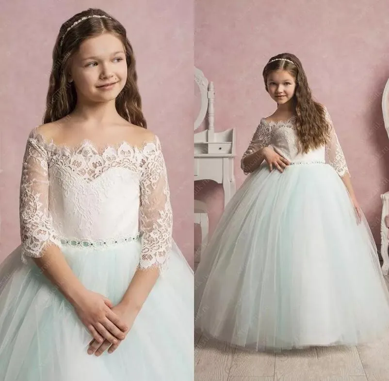 

High Low Long Pageant Dresses For Girls Appliques Pearl Ruffles Flower Girl Dress Off Shoulder Communion Dress
