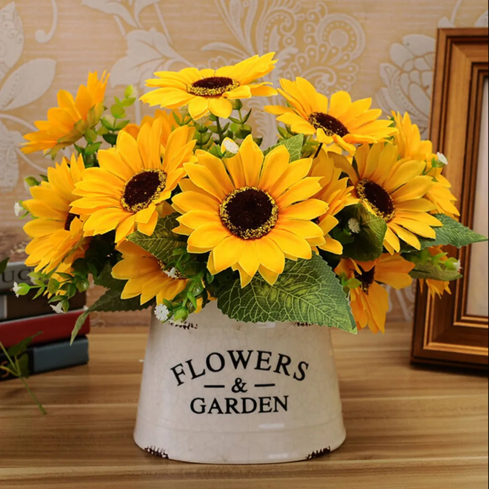 1 Bouquet 7 Heads Yellow Fake Artificial Sunflower Charm Silk Flower Bouquet Home Decor