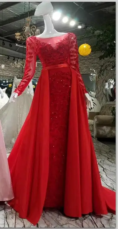 Красный CloverBridal, высокое качество, длинные рукава, розовое, темно-синее, серебряное, красное, роскошное, с бисером, вечернее платье с длинным шлейфом - Цвет: Красный