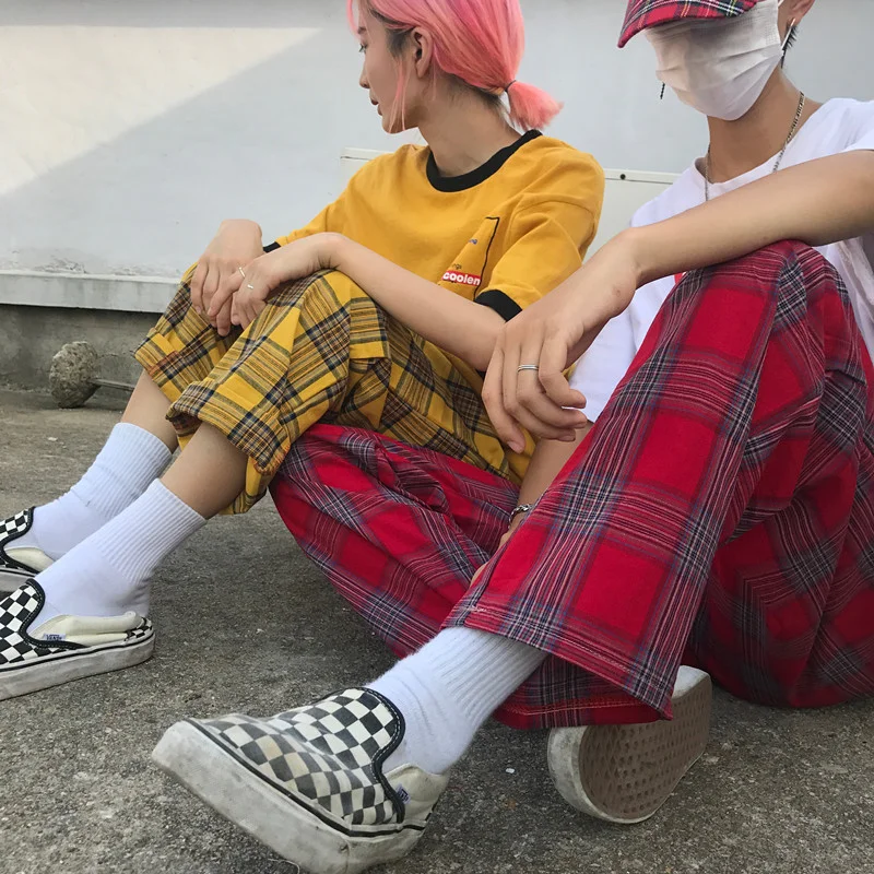 FNPE 2019 Spring Fashion Women's Pants Korean Version INS Harajuku Style Loose Full Length Plaid Joggers Waist Wide Leg | Женская