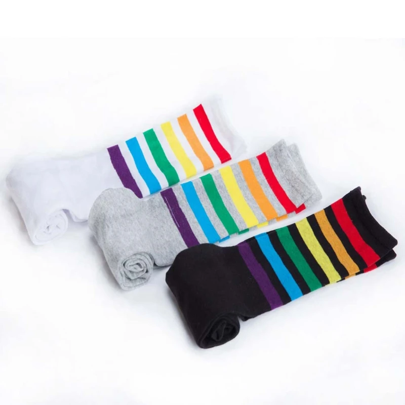

Women Students Winter Rainbow Striped Print Over Knee High Crew Socks