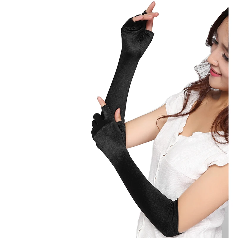 1 пара, модные сексуальные женские атласные перчатки до локтя без пальцев, черные, готические, панк, опера, для подиума, шоу, барные перчатки, аксессуары