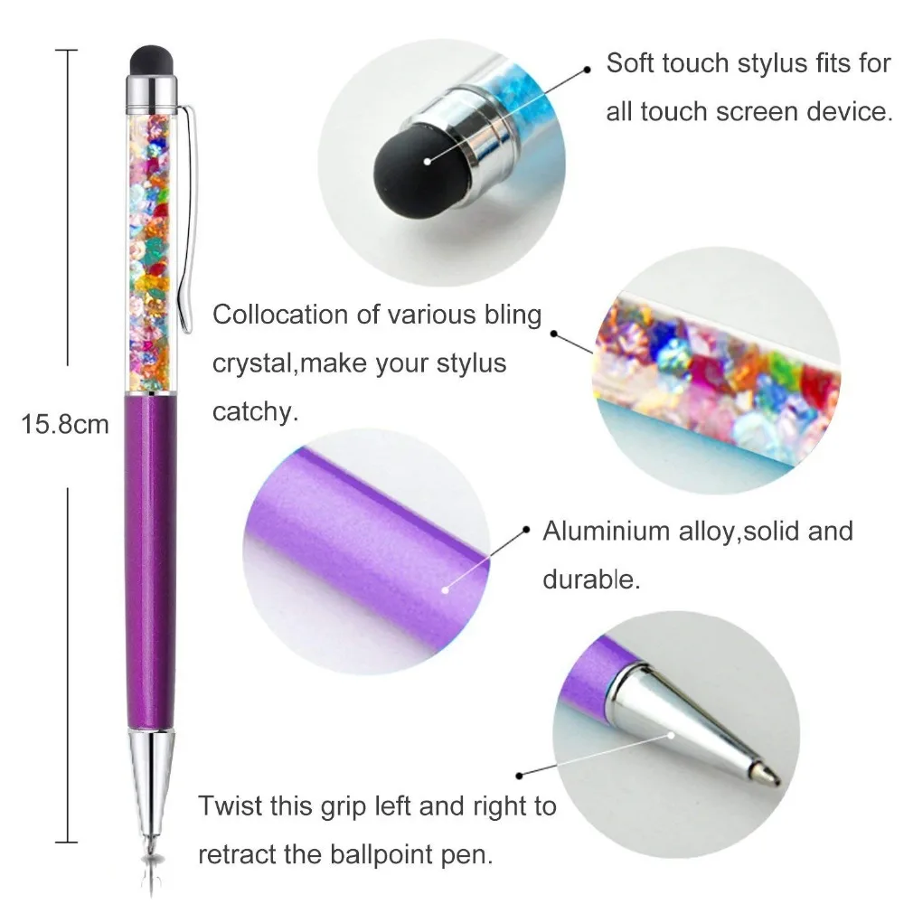10 шт. 2 в 1 металлический роллер, шариковая ручка, емкостный стилус, шариковая ручка с радужным кристаллом для iphone, ipad, htc, samsung, all Touch