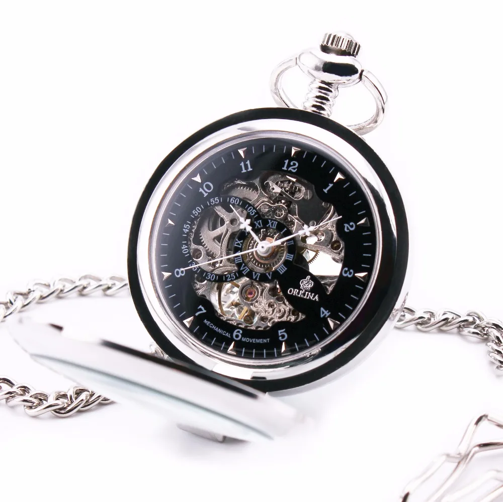 2016 Luxury Delicate Pocket Watch Arabic Number Black Silver Case Dress Semi Automatic Mechanical Steampunk Fob