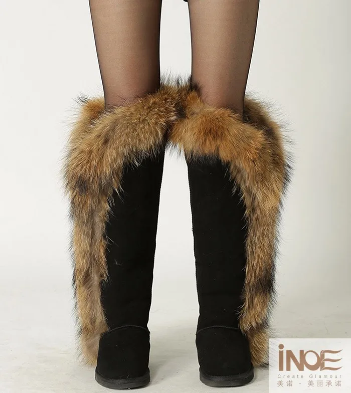 INOE модные женские зимние сапоги выше колена с натуральным лисьим мехом женские высокие зимние сапоги из овечьей кожи с натуральной меховой подкладкой теплая обувь зимние ботфорты на плоской нескользящей подошве