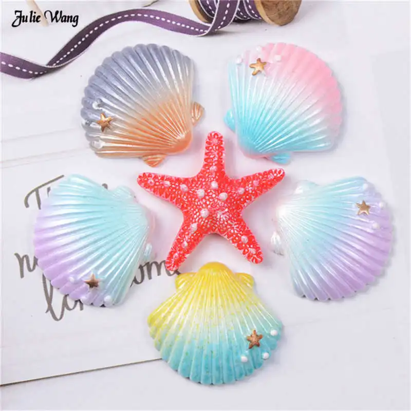 

Julie Wang 10pcs Random Painted Shell Starfish Charms Resin Cabochon Phone Case Decor Stationery Box Accessory DIY Ornaments