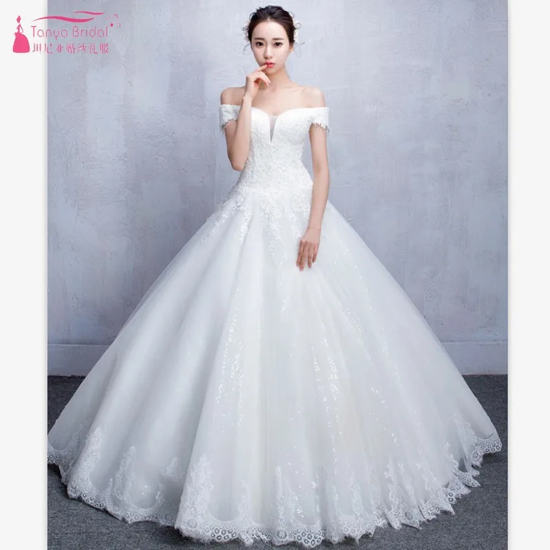

TANYA Cheap White Wedding Dresses Lace Appliques Ball Gown Off The Shoulder Short Sleeves Bridal Dresses Wedding Gowns SS113
