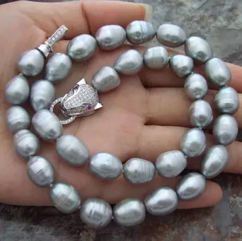 

10-13mm Natural Akoya SOUTH SEA GRAY PEARL NECKLACE 18'' LEOPARD CLASP