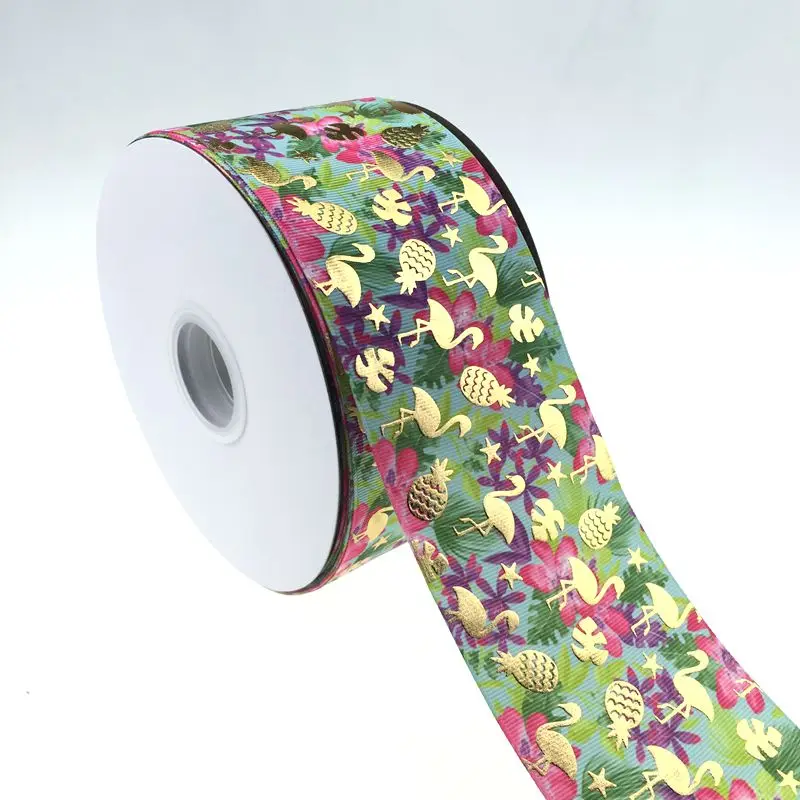 

100 yards 3" gold foil flamingo and pineapple printed with heat transfer grosgrain ribbon