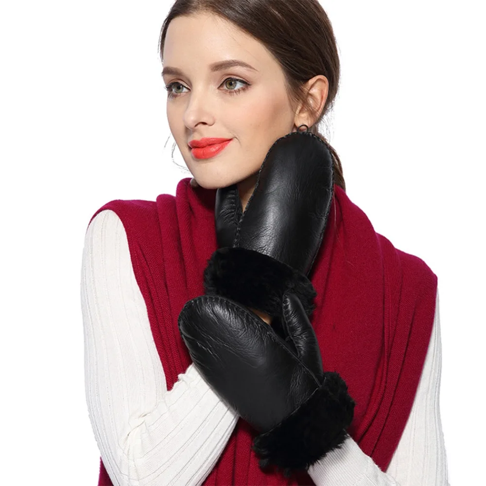 

Winter Women Wool Gloves Genuine Leather Gloves Ladies Fur Mittens Thicken Warm Cute Sheepskin Fur Outdoor Gloves Guantes Mujer