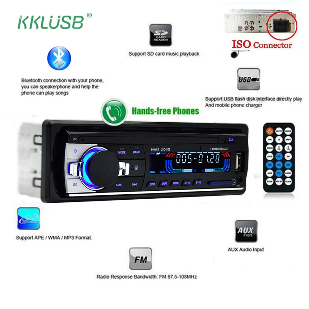 Bluetooth V2.0 JSD 520 Stereo Autoradio Car Radio 12V In dash 1 Din FM