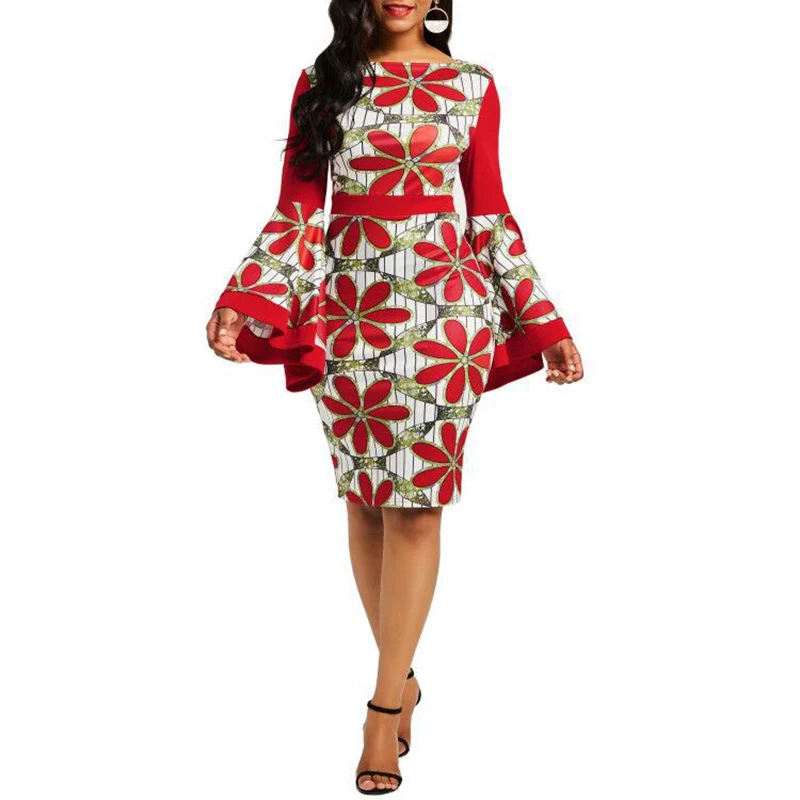 2019 Solid Women Print Dresses Ruffle Sleeve Large Size Sexy Dress Professional temperament plus size Fashion Women Dresses 6XL