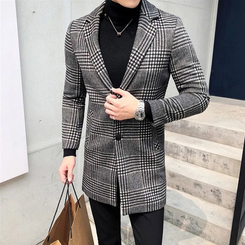 Высокое качество, роскошный мужской блейзер, пальто, корейский стиль, приталенный, в клетку, пиджак, мужской бренд, однобортный, длинные пальто размера плюс L-4XL