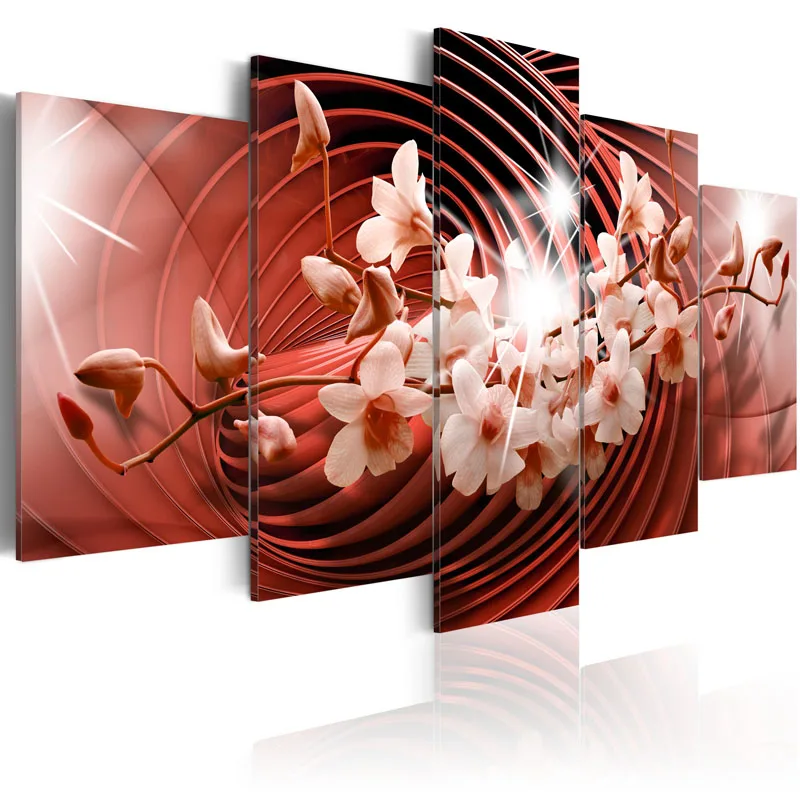 

5 Pieces HD Canvas Painting Abstract red background and pink magnolia flower Decorative Paintings Wall Art Framed PJMT- (16)