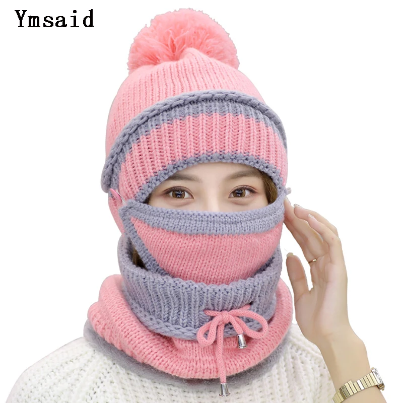 

Winter Knitted Woolen Hat Warm Mask Collar Triple Suit Skin Care Caps Protection For Women Ball Caps Scarf Shoes for Girls Cold