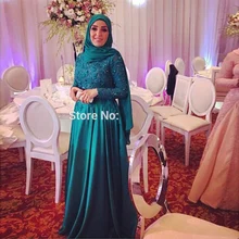 Hijab Long Sleeve Lace Evening Dresses Party A Line Satin Women Beaded Dubai Arabic Formal Evening Gowns Dresses