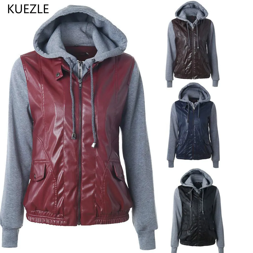 

Women winter fashion slim leather Coats jacket 2018 Korean version of the hooded pu stitching jackets Parkas artificial leather