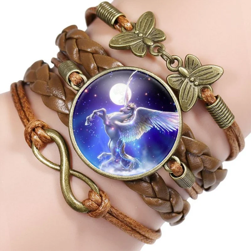 Винтажный браслет с изображением фиолетовой лошади амулет в виде единорога бесконечный объемный женский браслет плетеный кожаный браслет для девушек