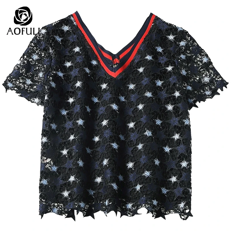 size-S Sexy V-Neck Blue Blouses Hollow Star Lace Tops Ribbed Band 2018 see-through Back Women Summer Shirt B3978 |