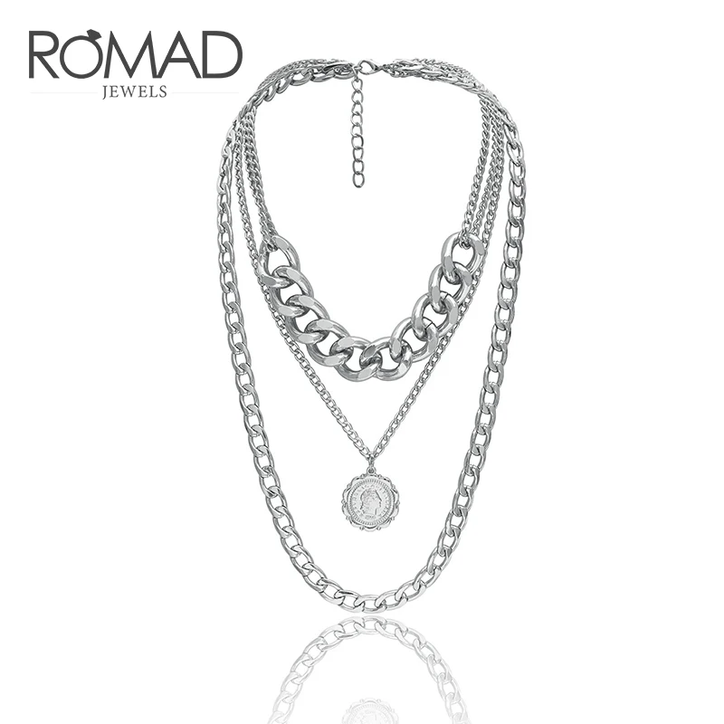 

ROMAD Fashion Europe Big Link Necklace Women Queen Emboss Heavy Metal Texture Multi-layer Necklace Choker Trendy Jewelry R4