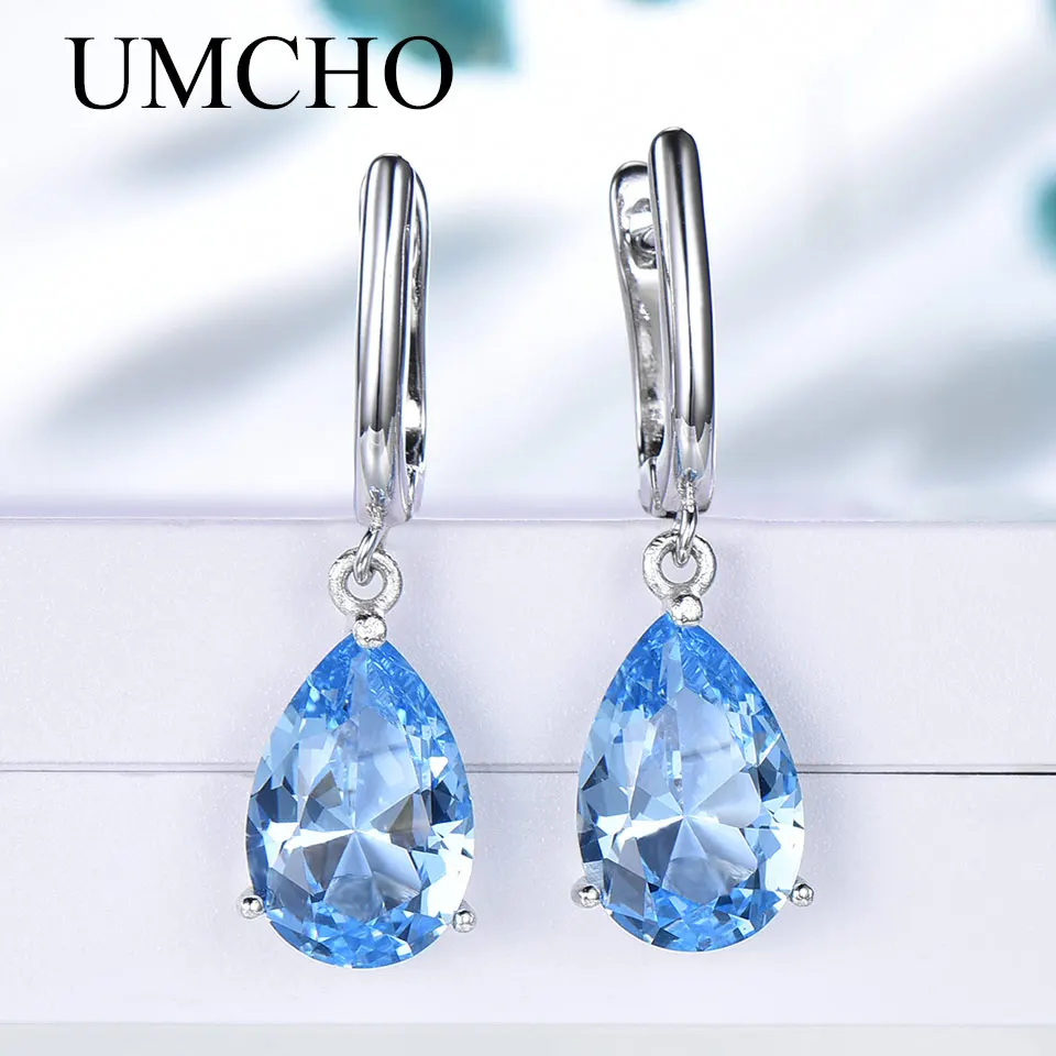 UMCHO 925 пробы серебряные клипсы для Для женщин Nano голубой топаз драгоценный камень для помолвки, свадьбы, годовщины, хорошее ювелирное изделие
