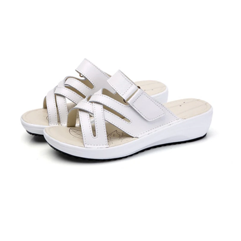 

Summer women slippers slip on round toe flat slides sandals women Thick bottom and dermis leather slippers flip flops slippers