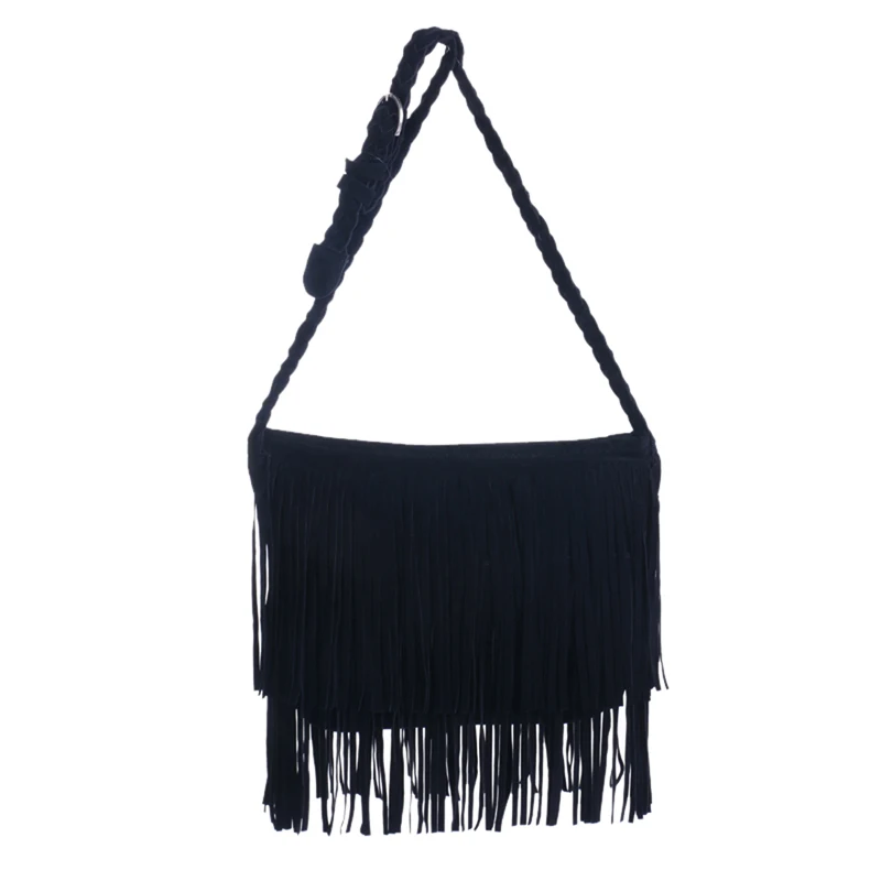 Womens Tassle Fringe Faux Suede Shoulder Messenger Crossbody Bag Handbag Purse Black Brown White