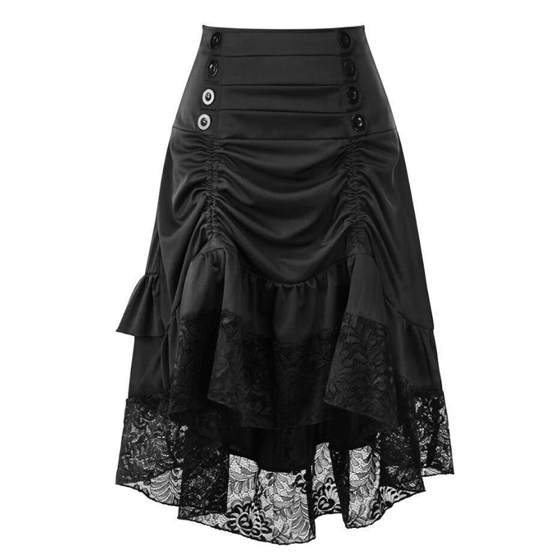 Весенние элегантные юбки с оборками, Женская кружевная юбка с высокой талией в стиле стимпанк, новые винтажные повседневные юбки, Женская юбка на пуговицах - Цвет: Black