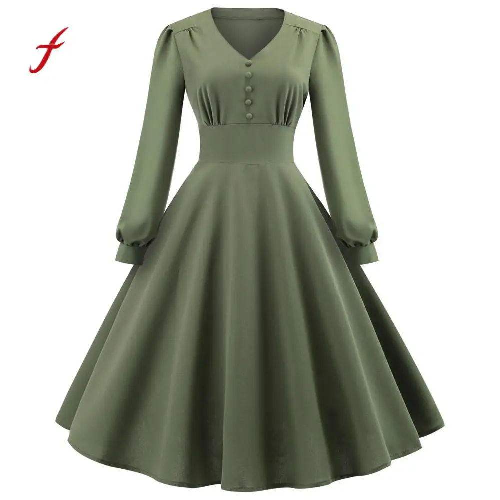 

Feitong 2018 Winter Dress Fashion Women Vintage Lantern Sleeve Solid Dress Sexy V-Neck Draped Holiday Evening Party Dress /PT
