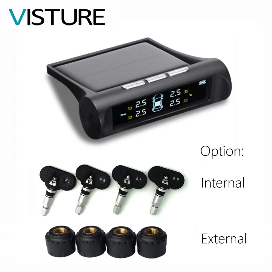 Solar TPMS Car Tire Pressure Alarm Monitor System Display 4 Internal / External Sensor Temperature Warning T01N T01C Visture