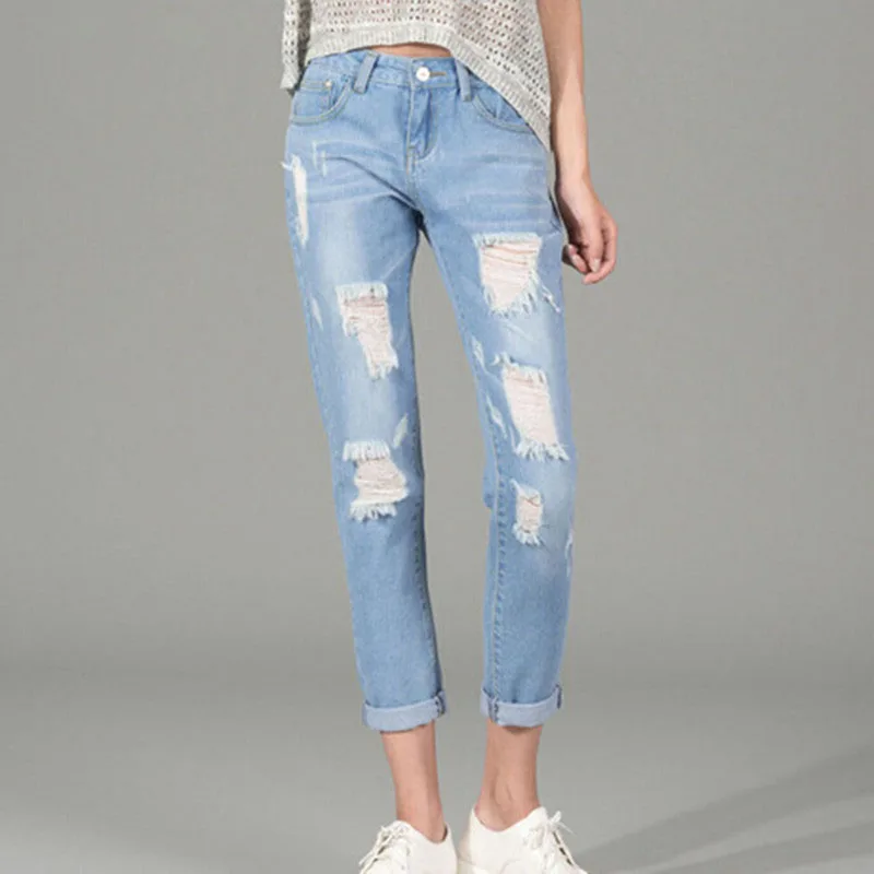 2017 Summer New jeans woman Ripped Holes Fashion Straight Capris Mid Waist Famale Washed Denim Pants