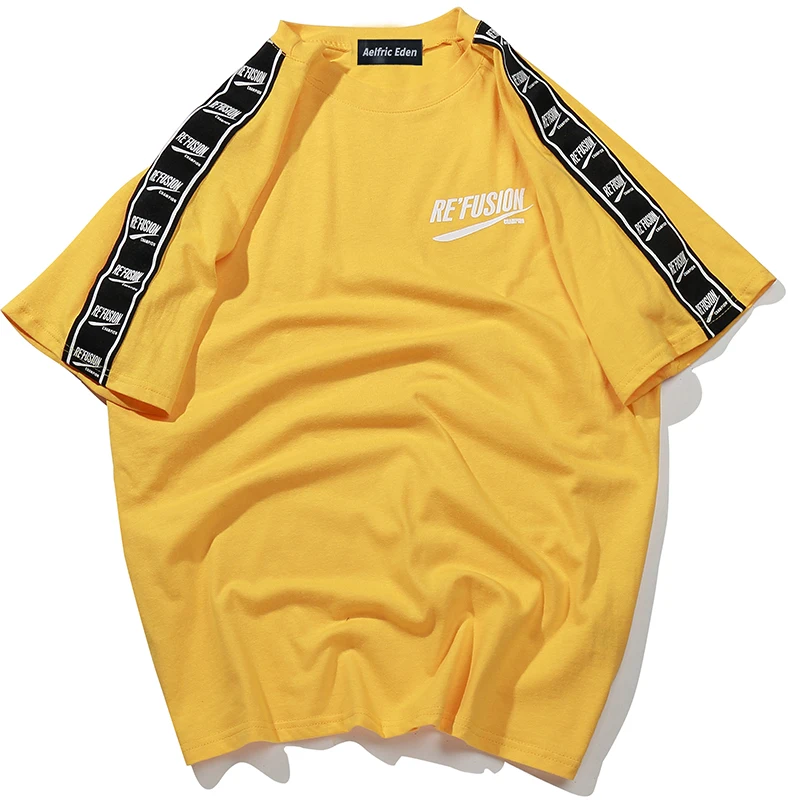 Aelfric Eden Футболка мужская хип-хоп с принтом ленты короткий рукав японская футболка повседневные хлопковые топы футболки Harajuku уличная рубашка - Цвет: Цвет: желтый