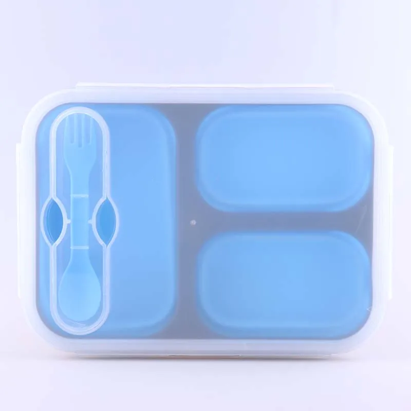 Ланч-бокс силиконовый портативный складной микроволновый Ланч-бокс трехсетчатый Ланч-бокс-термос складной Ланч-бокс набор контейнер для еды - Цвет: BLUE