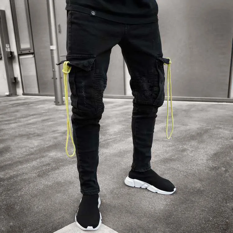 

Fashion Men Jeans Hip Hop Cool Streetwear Biker Multi Pockets Black Skinny Jeans Slim Fit Mens Clothes Pencil Jeans